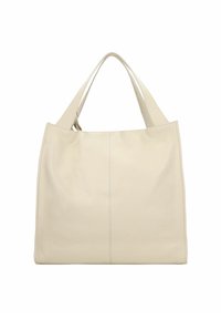 Kremowa skórzana torba tote o uporządkowanym kształcie, z dwiema solidnymi rączkami i gładką teksturą. Posiada szwy dodające dodatkowego uroku.