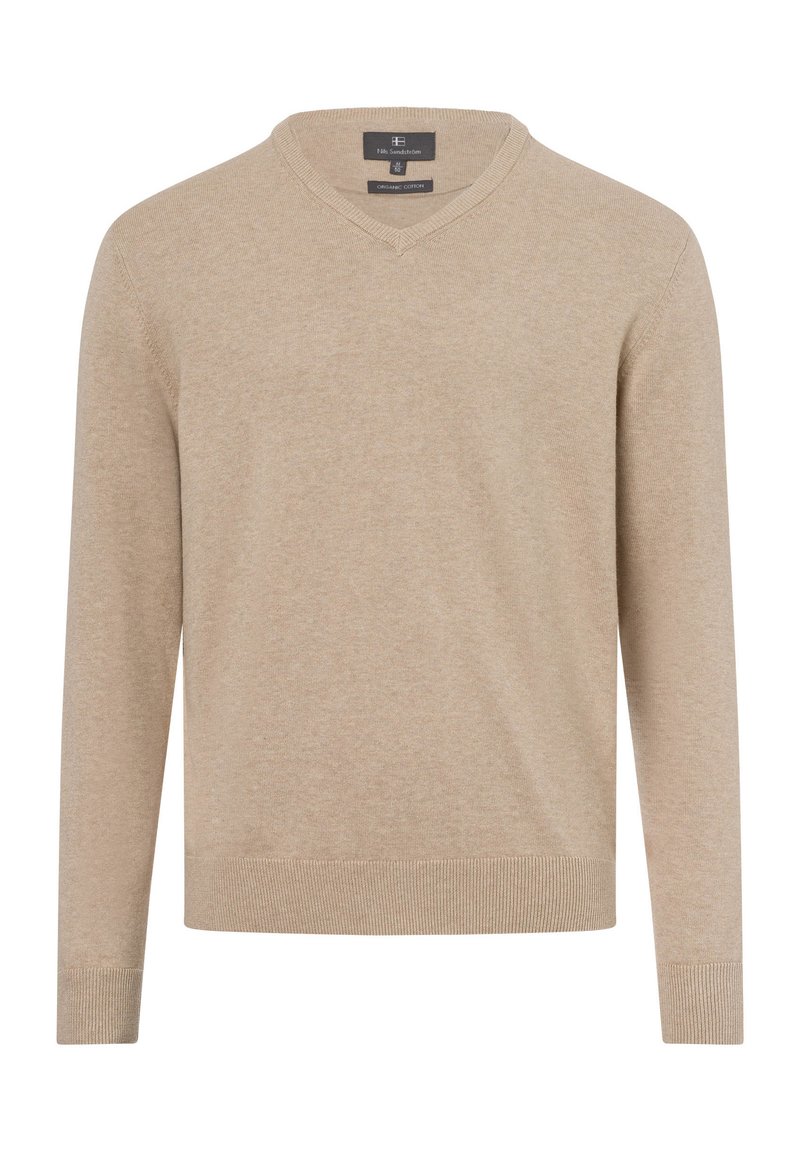 Beiger V-Ausschnitt-Pullover aus Bio-Baumwolle, mit langen Ärmeln und gerippten Bündchen sowie Saum. Weiche Textur, minimalistisches Design.