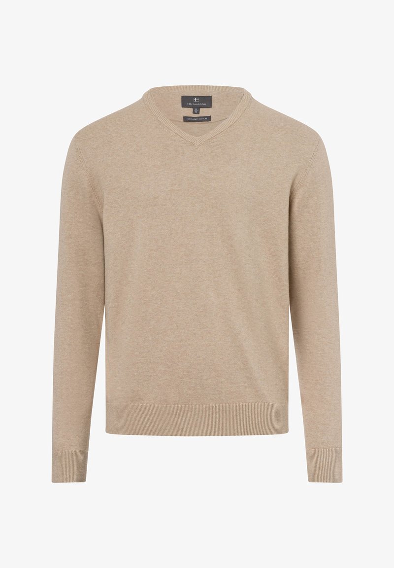 Beiger V-Ausschnitt-Pullover aus Bio-Baumwolle, mit langen Ärmeln und gerippten Bündchen sowie Saum. Weiche Textur, minimalistisches Design.