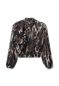 Blusa a motivo nero e marrone con maniche lunghe, dettaglio arricciato sulla spalla sinistra, collo alto e design corto realizzata in tessuto leggero.