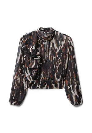 Blusa a motivo nero e marrone con maniche lunghe, dettaglio arricciato sulla spalla sinistra, collo alto e design corto realizzata in tessuto leggero.