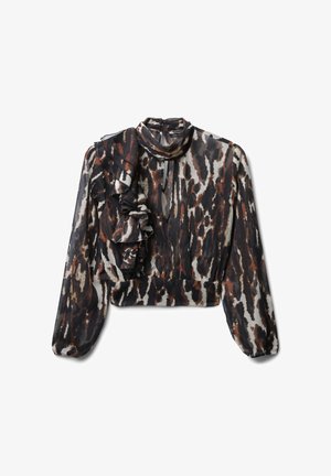 Blusa a motivo nero e marrone con maniche lunghe, dettaglio arricciato sulla spalla sinistra, collo alto e design corto realizzata in tessuto leggero.