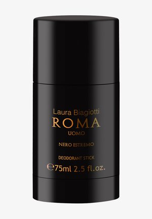 Black cylindrical deodorant stick labeled "Laura Biagiotti ROMA UOMO NERO ESTREMO" with a 75ml (2.5 fl. oz.) capacity.