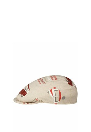 Beige flat cap with red and brown vintage vehicle and text prints, rounded crown, and short curved brim on white background.