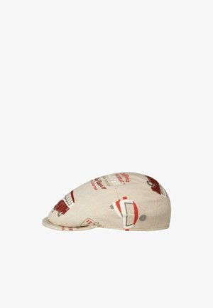 Beige flat cap with red and brown vintage vehicle and text prints, rounded crown, and short curved brim on white background.