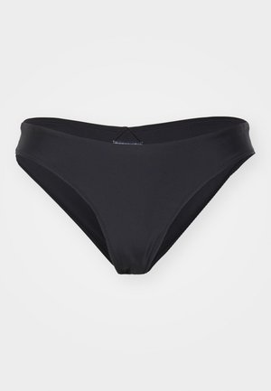 Parte de baixo de biquíni preta feita de um tecido elástico e suave. Apresenta um design de cintura baixa com um cós largo e detalhes de costura mínimos.