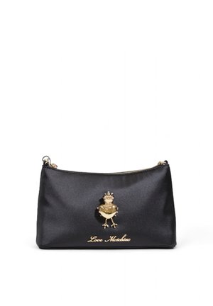 Black satin clutch bag with a zip closure. Features a gold bird emblem with a crown and "Love Moschino" in gold text on the front.