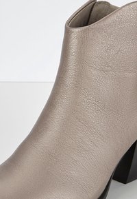 Stivale alla caviglia in pelle tannata con texture liscia, punta appuntita e tacco spesso nero. Nessun hardware o motivo visibile.