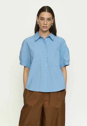Woman with straight brown hair wearing silver hoop earrings, a light blue short-sleeve button-up shirt, and brown wide-leg pants.