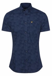 Košile s krátkým rukávem v námořnické modři s geometrickým vzorem, s černými knoflíky a malým žlutým vyšívaným detailem.