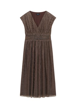 Vestido marrón hasta la rodilla con escote en V, mangas cortas y falda plisada. Tejido texturizado con detalle de cinturilla fruncida.