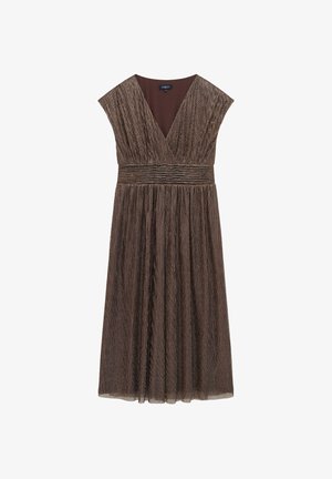 Abito marrone, al ginocchio, con scollatura a V, maniche corte a cappuccio e gonna plissettata. Tessuto testurizzato con dettaglio in vita arricciato.