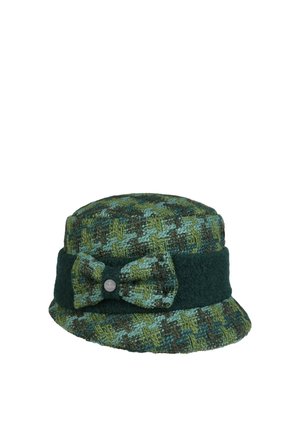Green and blue woven fabric cloche hat with wide dark green band and matching bow featuring a small round metal tag.