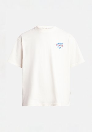 White cotton t-shirt with short sleeves, round neckline, and a printed design featuring a blue fish and red "REBEL" text on the left chest.