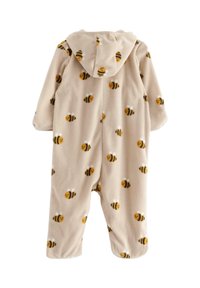 Monopatín de felpa en beige con capucha, que presenta un patrón de abejas amarillas y negras con caras sonrientes. Textura suave, mangas largas.