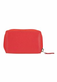 Red leather wallet with a rectangular shape, featuring a zipper closure and a smooth texture, accented by a small zipper pull.