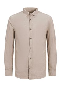 Beige Hemd mit langen Ärmeln, strukturiertem Stoff, einer Brusttasche und braunen Knöpfen. Klassisches Kragen-Design.