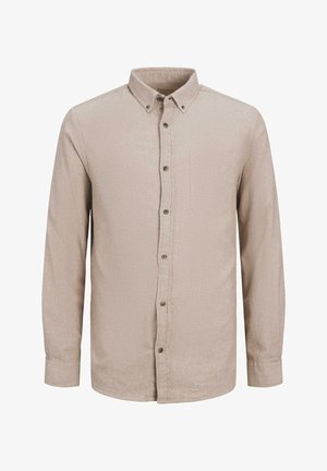 Beige button-up shirt met lange mouwen, textuurstof, een enkele borstzak en bruine knopen. Klassiek kraagontwerp.