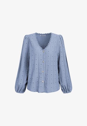 Hellblaue langärmelige Bluse mit Lochspitzenmuster, V-Ausschnitt, gewellten Kanten, Perlenknöpfen und gesammelten Manschetten.