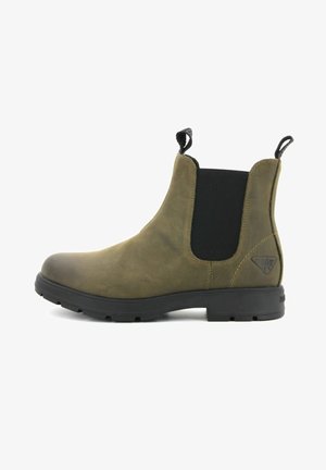 Stivaletto Chelsea in pelle marrone con pannelli laterali elastici neri e linguette. Caratterizzato da una suola in gomma testurizzata e un logo sul tallone.