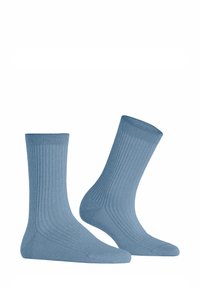 Himmelblaue Baumwollsocken mit einem gerippten Muster, mittellanger Höhe bis zur Wade und verstärktem Zehen- und Fersenbereich für Langlebigkeit.
