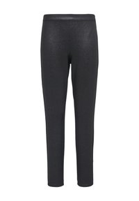 Leggings noirs en matériau extensible et scintillant avec une texture lisse, dotés d'une large taille et d'un ajustement près du corps sur les jambes.