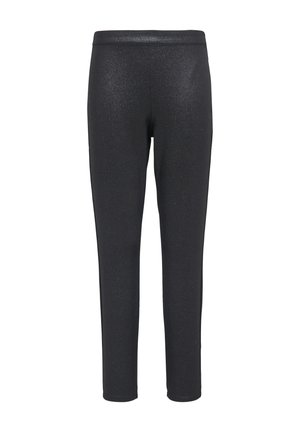 Schwarze Leggings aus einem elastischen, schimmernden Material mit glatter Struktur, ausgestattet mit einem breiten Bund und einer engen Passform an den Beinen.