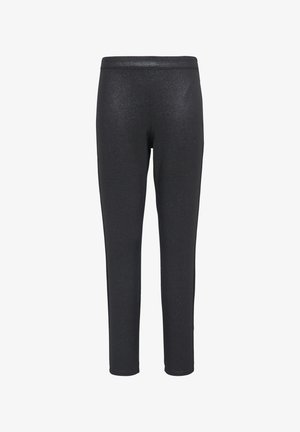 Leggings neri realizzati in un materiale elastico e lucido con una superficie liscia, caratterizzati da una vita alta e una vestibilità aderente lungo le gambe.