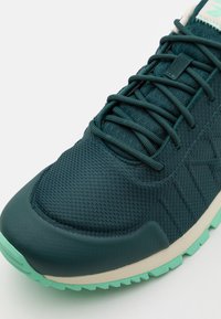 Teal sportovní bota s horní částí z meshové tkaniny, texturovanými detaily, plochými tkaničkami a světl green gumovou podrážkou. Obsahuje polstrované oblasti špičky a paty.