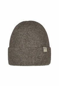 Cappello a berretto grigio lavorato a maglia con trama a coste, risvolto in fondo e un piccolo logo del marchio "BARTS" sul lato.