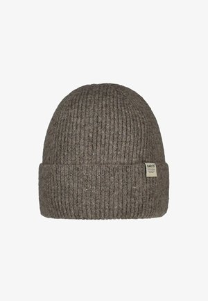 Gray knitted beanie hat with ribbed texture, cuff at the bottom, and a small brand tag featuring "BARTS" on the side.