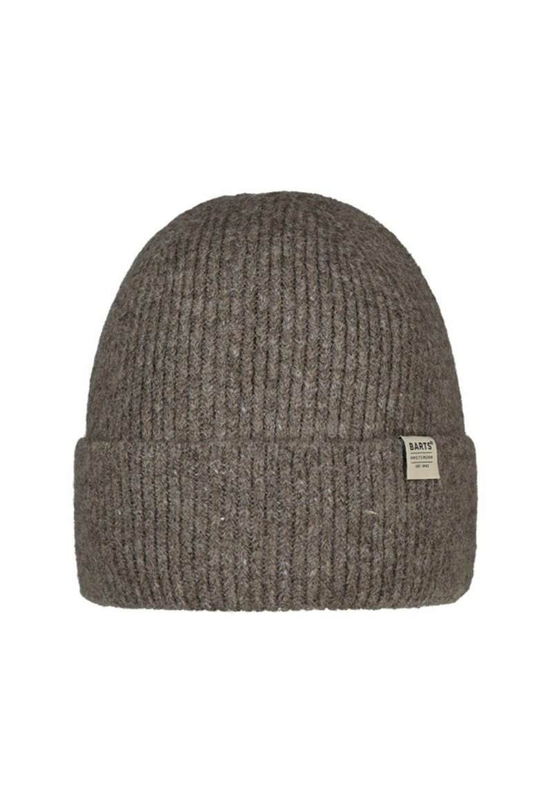 Cappello a berretto grigio lavorato a maglia con trama a coste, risvolto in fondo e un piccolo logo del marchio "BARTS" sul lato.