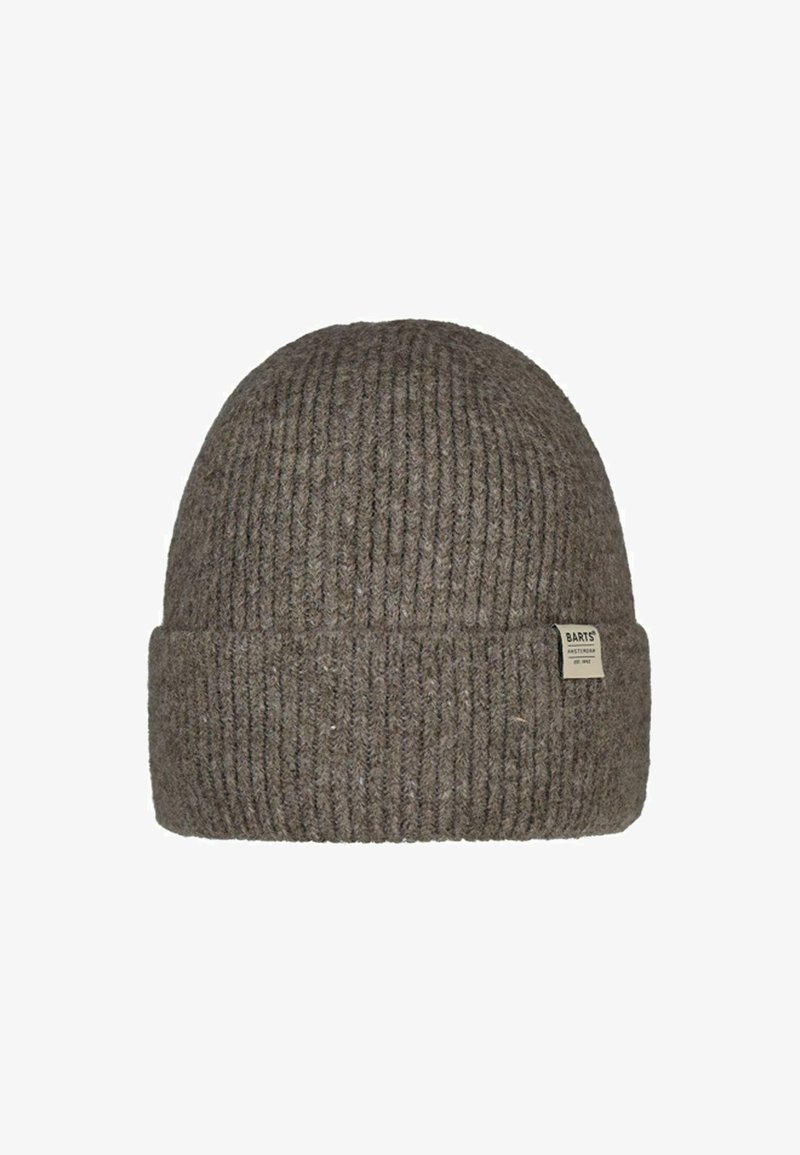 Cappello a berretto grigio lavorato a maglia con trama a coste, risvolto in fondo e un piccolo logo del marchio "BARTS" sul lato.