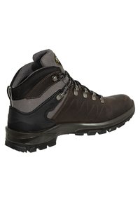 Schwarzer Wanderschuh mit hohem Knöchel, strukturiertem Leder und synthetischem Obermaterial, Gummisohle mit Traktionsnoppen und Metallösen.