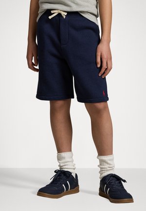 Marineblauwe katoenen shorts met een elastische tailleband en een crèmekleurige trekkoord, voorzien van zijzakken en een klein rood embleem op de zoom.