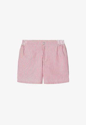 Rood en witte gestreepte shorts gemaakt van lichtgewicht stof, met een elastische tailleband en een enkele knoopsluiting aan de voorkant.