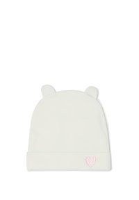 Gorro de lana blanco con orejas redondeadas, con un puño doblado y un detalle de corazón bordado en rosa en la parte frontal. Textura suave.