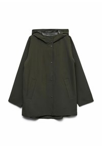 Imperméable à capuche vert foncé avec boutons-pression à l'avant et deux poches en biais, étalé à plat sur un fond blanc.