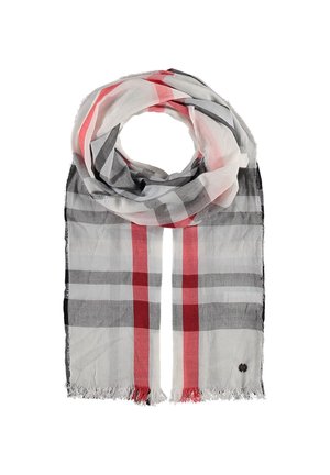 Écharpe légère à motif à carreaux rouge, noir et gris avec bords frangés, disposée en boucle lâche sur fond blanc.