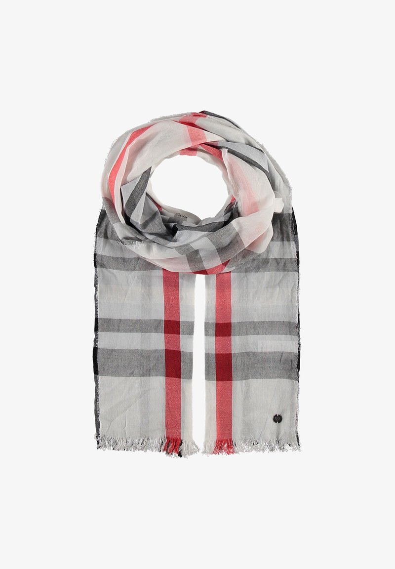 Écharpe légère à motif à carreaux rouge, noir et gris avec bords frangés, disposée en boucle lâche sur fond blanc.