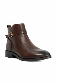 Brown leather ankle boot with a glossy finish, a round toe, low block heel, and a decorative buckle strap detail on the side.