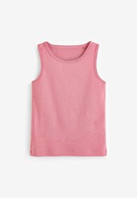 Roze katoenen tanktop met een geribbelde textuur, ronde halslijn en mouwloos ontwerp. Bevat schone, afgewerkte randen zonder versieringen.