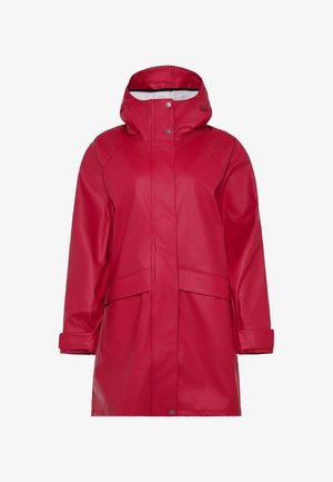 Rode waterdichte jas met capuchon, met een gladde textuur, drukknoopsluitingen en twee steekzakken aan de voorkant. Ontworpen voor buitengebruik.