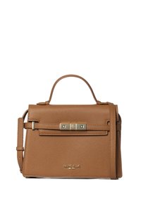 Borsa a mano in pelle marrone con superficie texture, design strutturato, manico superiore e tracolla removibile; presenta dettagli in hardware dorato.