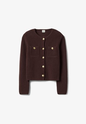 Dark brown knitted cardigan with long sleeves, round neckline, two front pockets, and gold-toned buttons down the center and on pockets.
