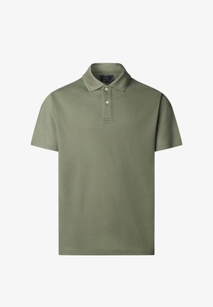 Olivgrünes Polohemd mit kurzen Ärmeln, einem Kragen und zwei Knöpfen auf der Knopfleiste.