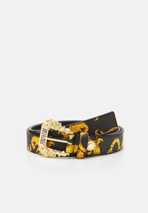 Ceinture en cuir noir avec un motif baroque jaune orné et une boucle décorative dorée gravée "Versace Jeans Couture".