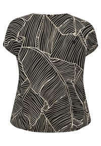 Haut noir à manches courtes avec un motif de feuilles blanches aux lignes bold, un col rond et une coupe décontractée. Tissu doux et léger.