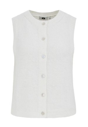 Fehér kötött mellény kerek nyakkal, ujjatlan kialakítással és öt gombos záródással. Bordázott textúrájú és sima felületű.