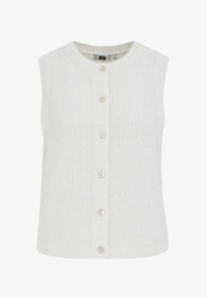Biały dziany bezrękawnik z okrągłym dekoltem, bez rękawów, zapinany na pięć guzików. Charakteryzuje się prążkowaną fakturą i gładką powierzchnią.
